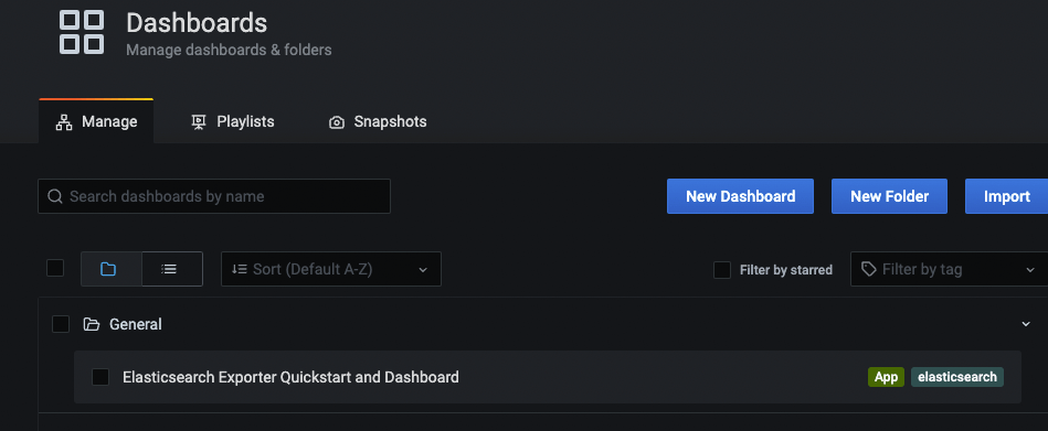 How to select Elasticsearch Exporter Quickstart and Dashboard on Grafana Step 1.